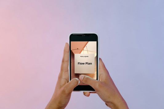 Hand holding a smartphone displaying a 'Flow Plan' guide on a gradient background