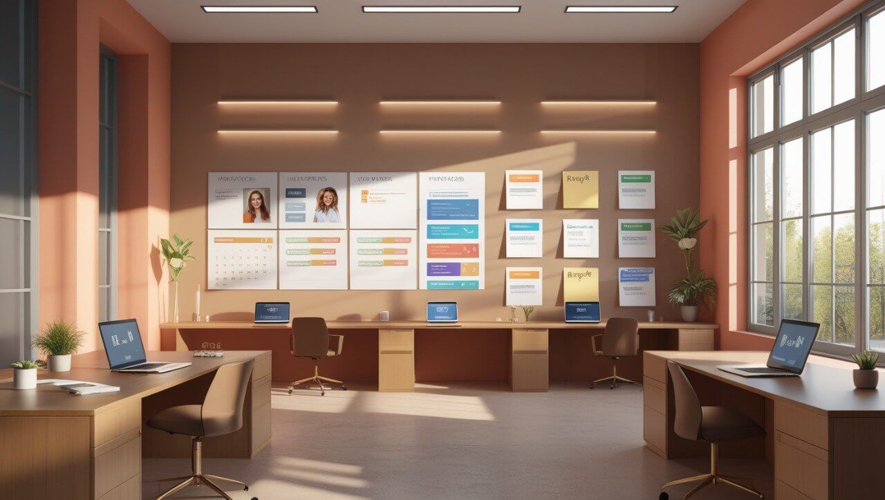 Modern office with desks, chairs, and digital displays on the wall.