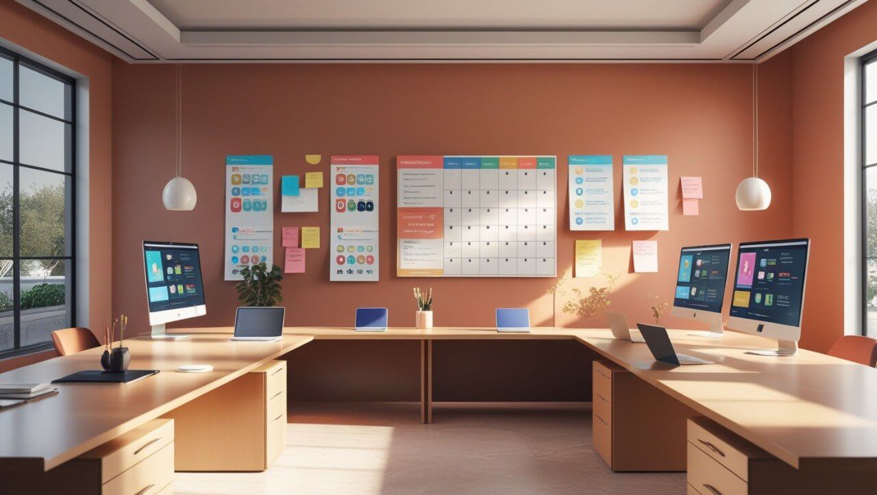 Modern office with desks, computers, and wall-mounted calendars.