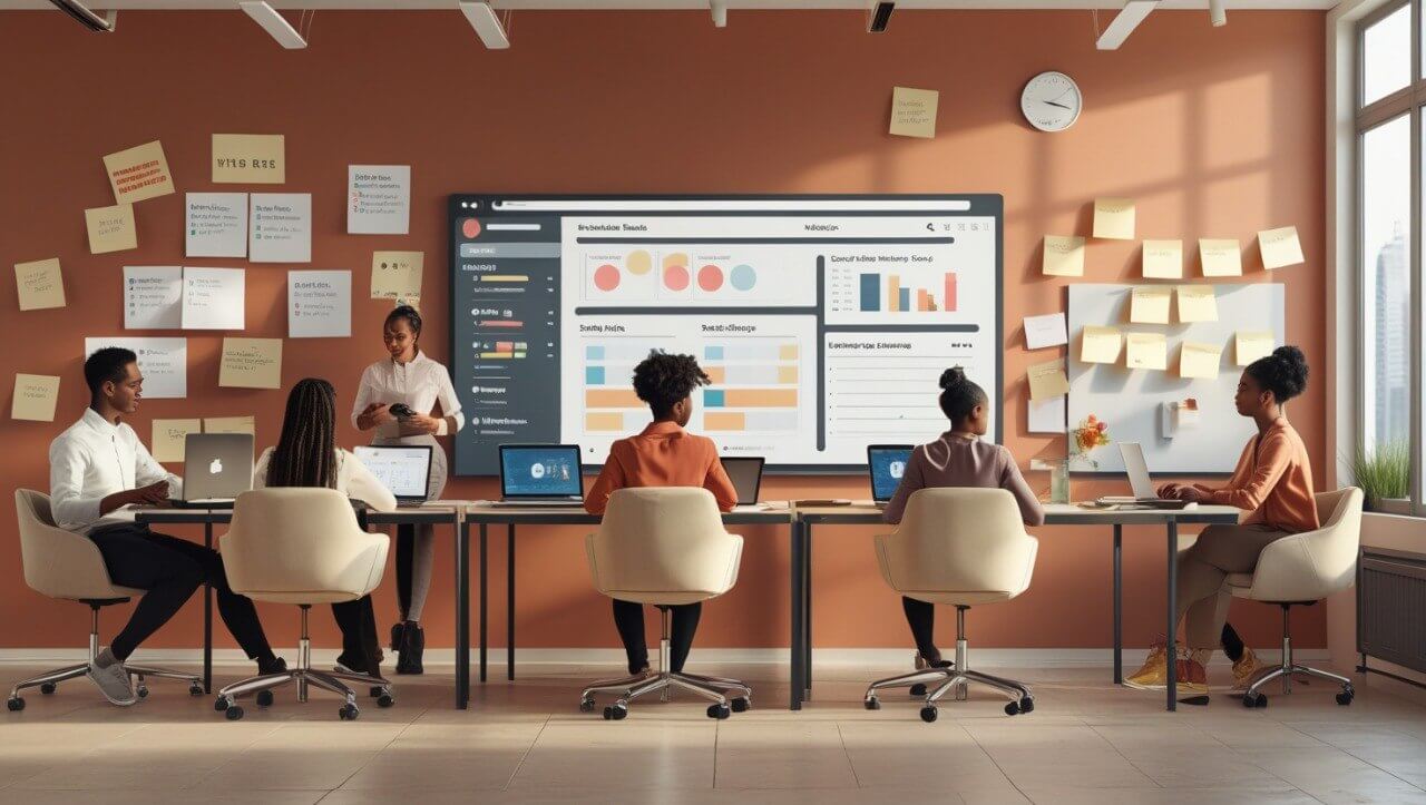 Group of people working in a modern office with a large screen displaying graphs and charts.