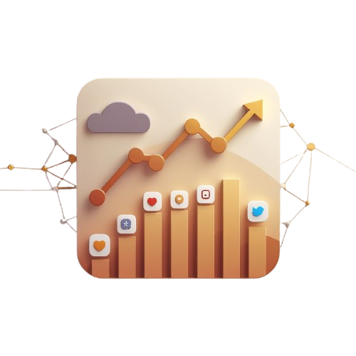 Icon with a bar graph, cloud, and social media icons on a beige background