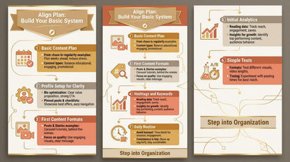 Three panels of a marketing plan guide with text and icons on a beige background
