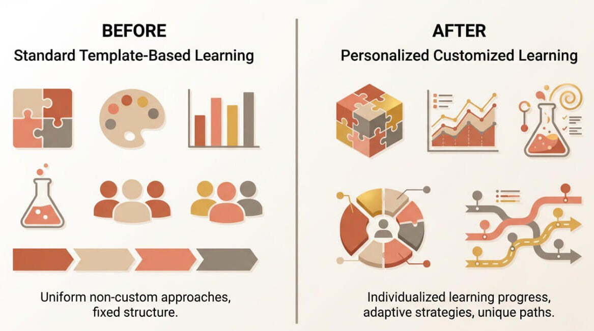 Comparison chart showing standard template-based learning vs personalized customized learning with icons and text.