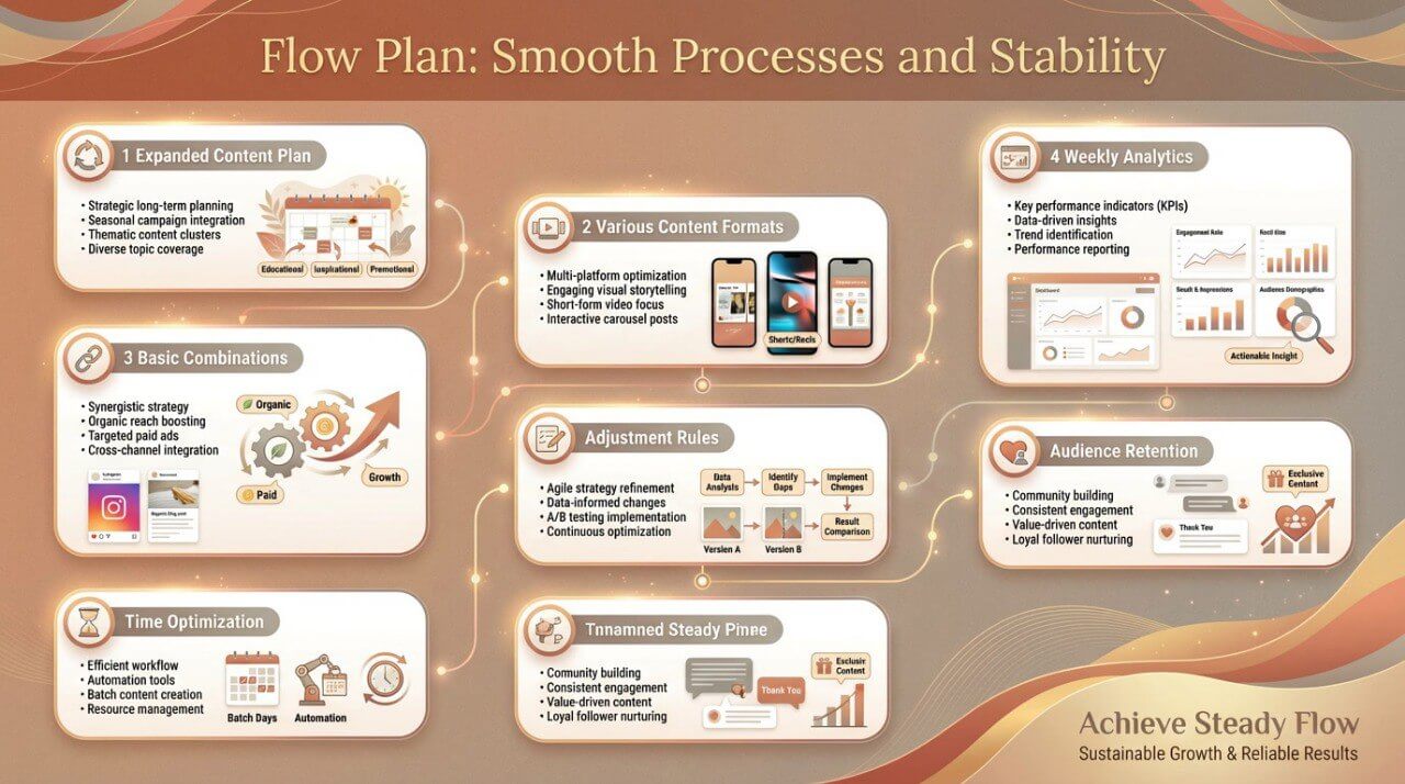 'Flow Plan' diagram with various stages and elements on a brown background