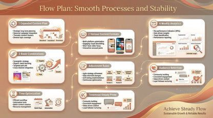 'Flow Plan' diagram with various stages and elements on a brown background