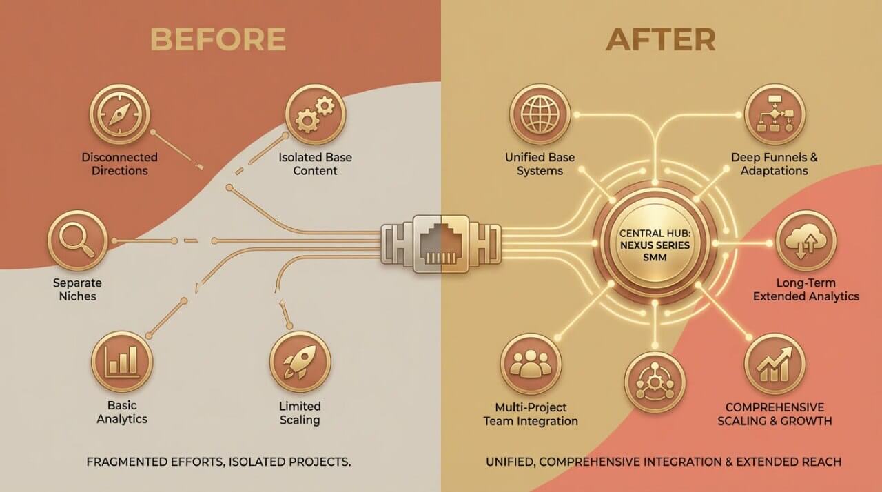 Before and after comparison of fragmented efforts and unified integration strategies on a brown background.