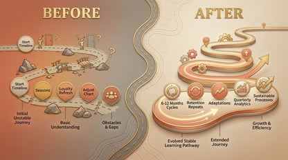 Before and after comparison of a learning pathway with icons and text on a brown background.