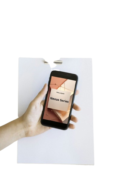 Hand holding a smartphone displaying 'Nexus Series' on a white background