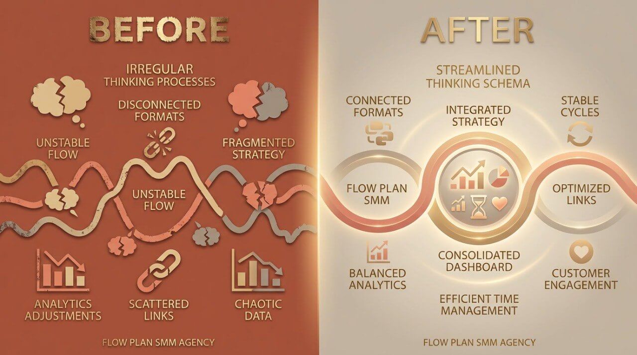Before and after comparison of SMM agency processes on a gradient background