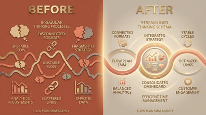 Before and after comparison of SMM agency processes on a gradient background