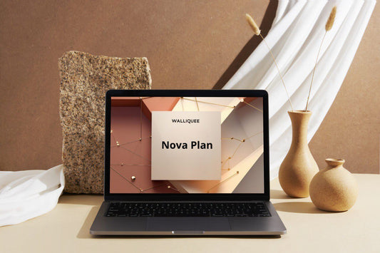 Laptop displaying a 'Nova Plan' SMM guide on a desk with decorative items