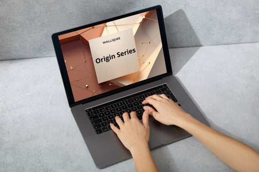 Person using a laptop on a gray surface with a screen displaying SMM guide 'Walliquee Origin Series' packaging.